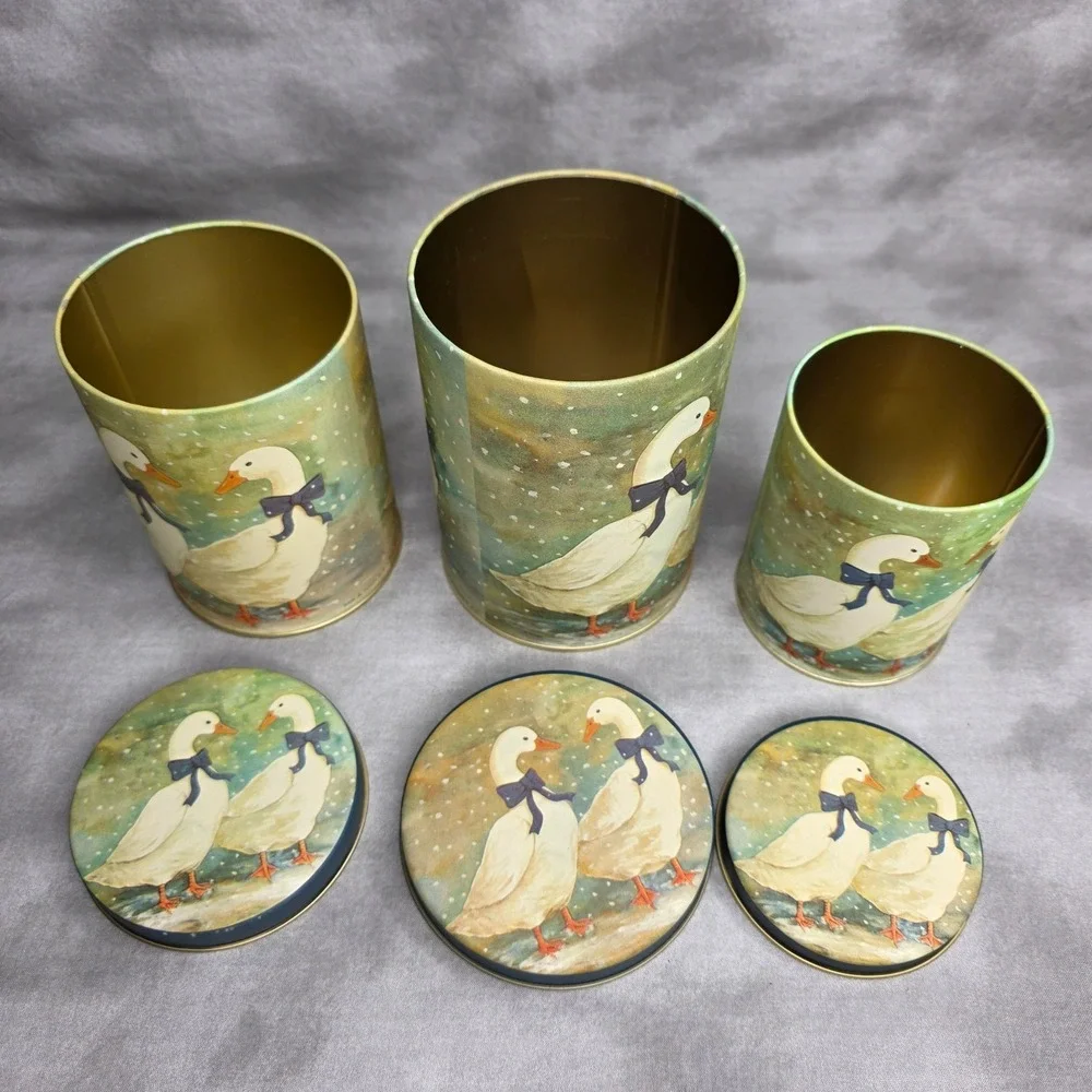 3 PC Nesting Metal Canister Set Goose Cottagecore Country Farmhouse Vtg 1980s
